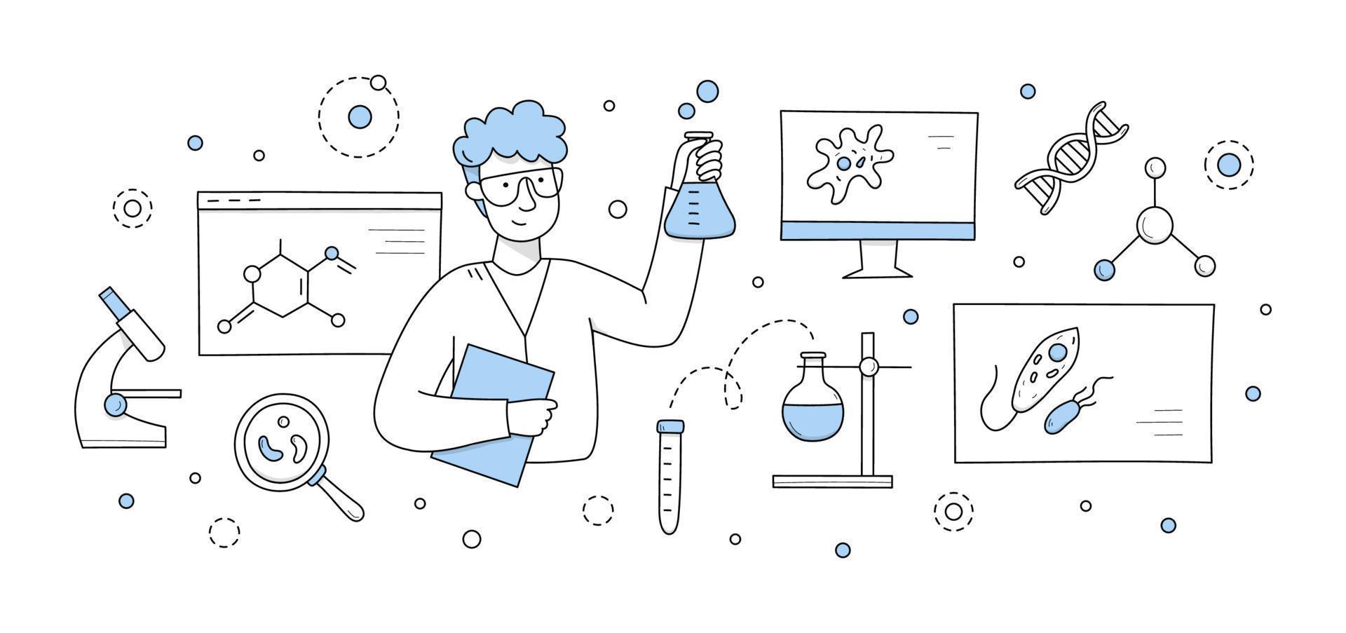 Science doodle concept, chemist holding beaker vector