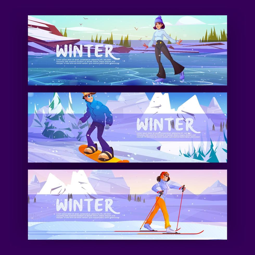 cartel de invierno con gente en snowboard, esquí, skate vector