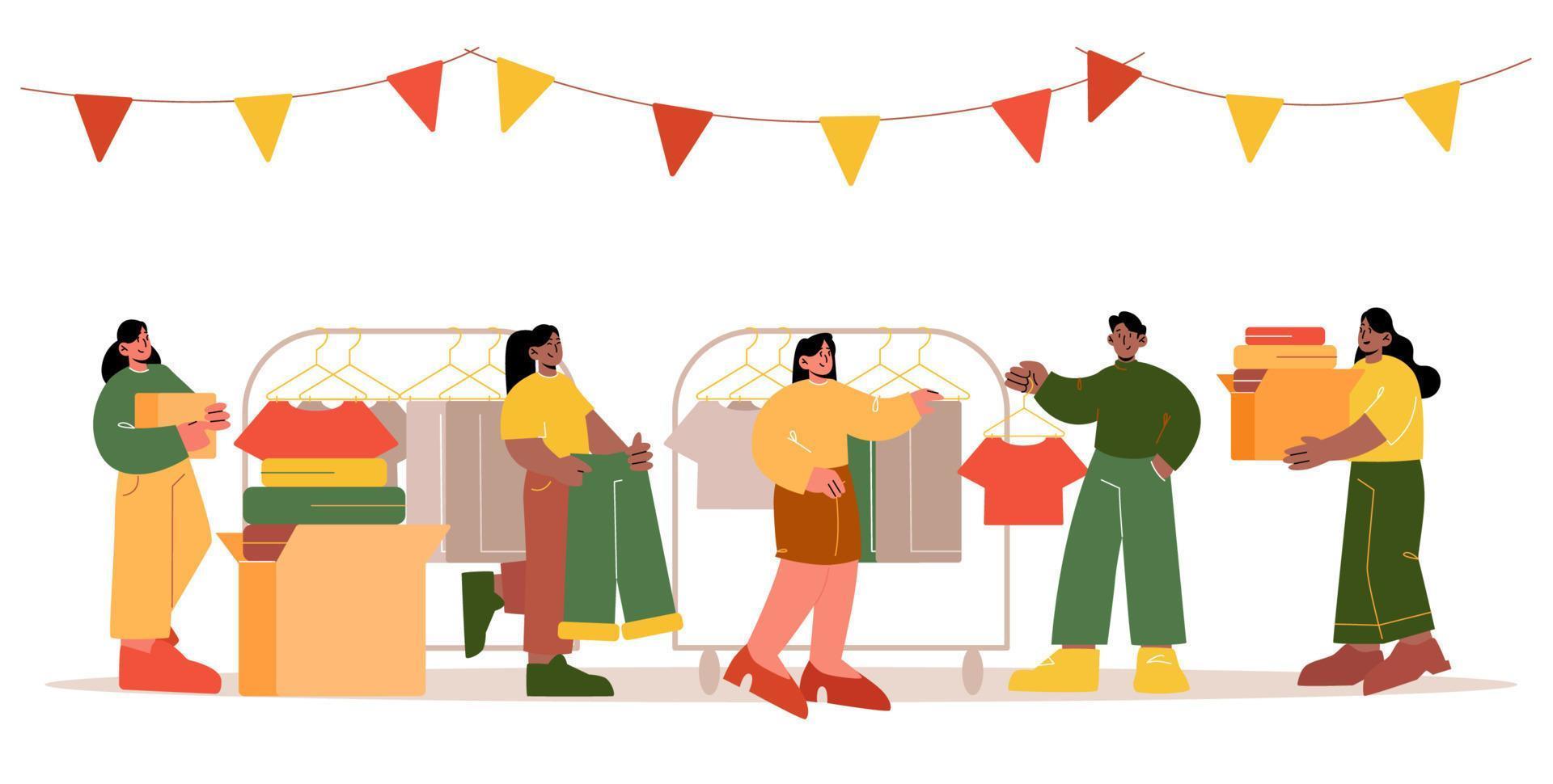 Swap party for exchange clothes, second hand shop vector