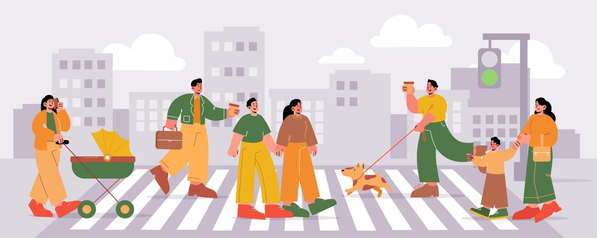 People walk on pedestrian crosswalk vector