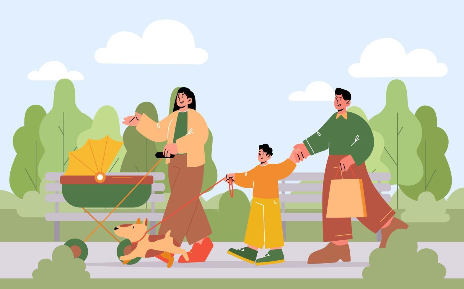 Family walk with dog and baby carriage in park vector