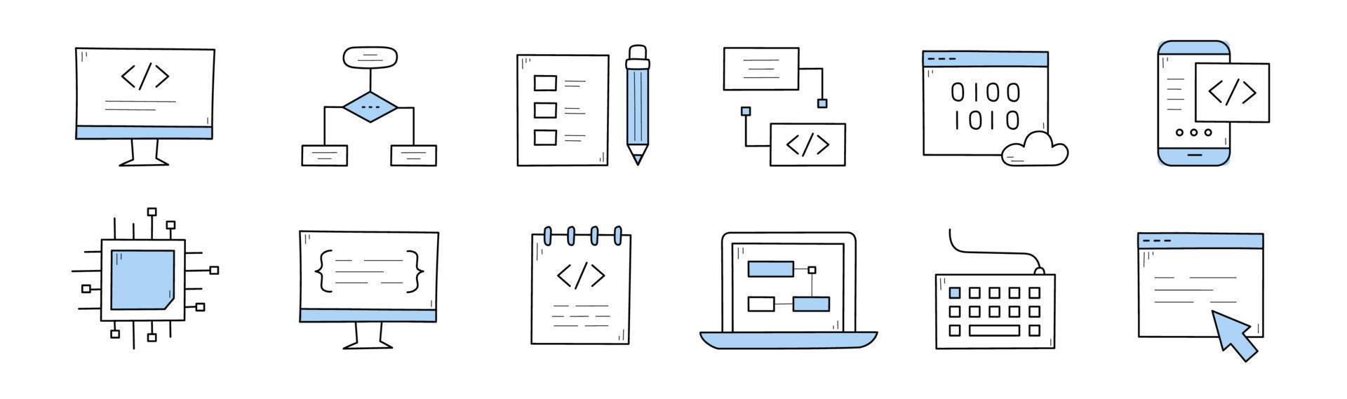 Coding and programming doodle icons vector set