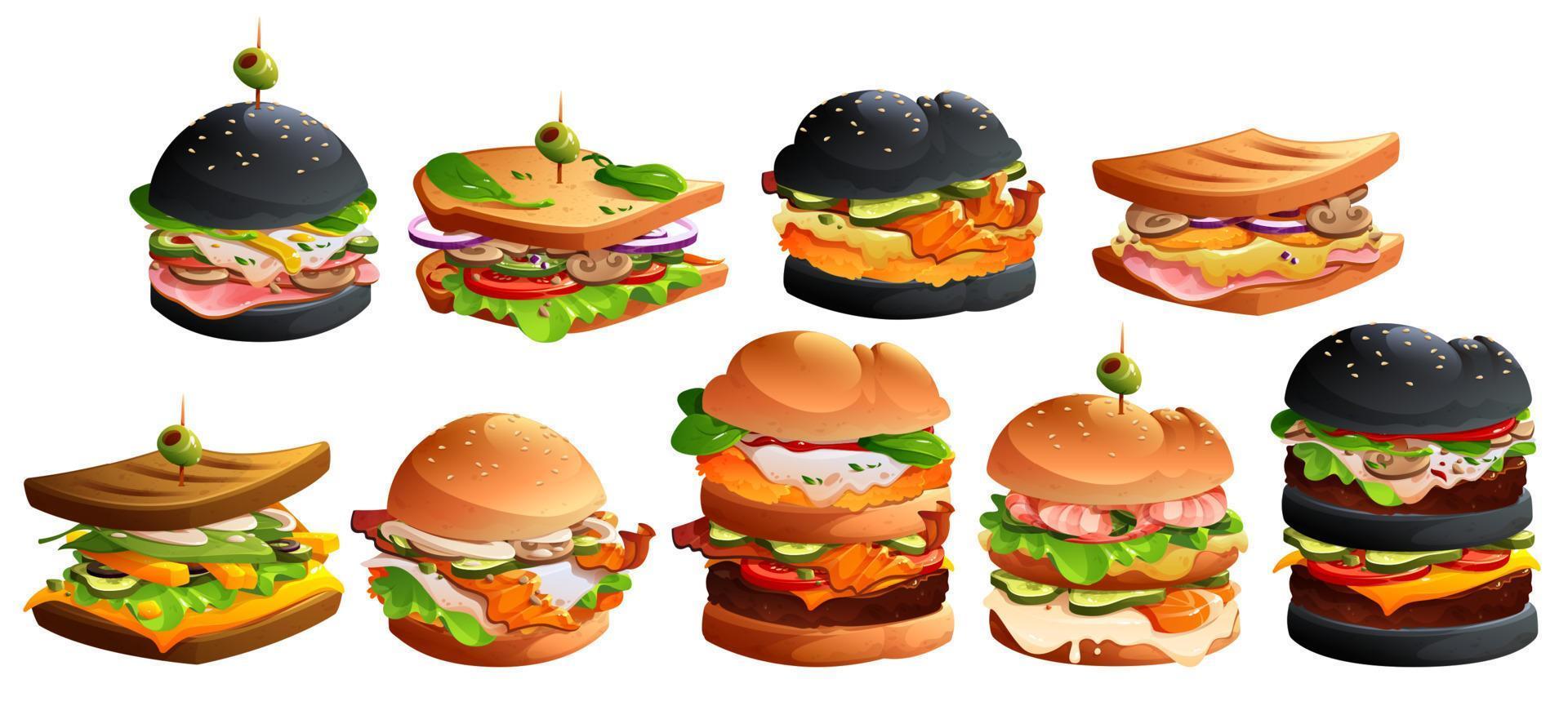 Set burgers with cheese, meat, bacon, vegetables vector