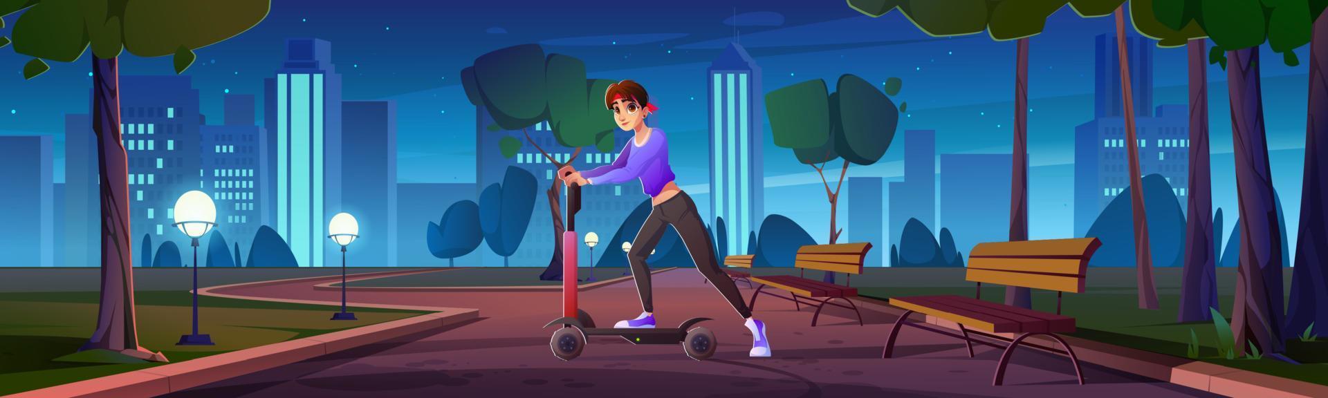 Girl ride on electric scooter in night city park vector