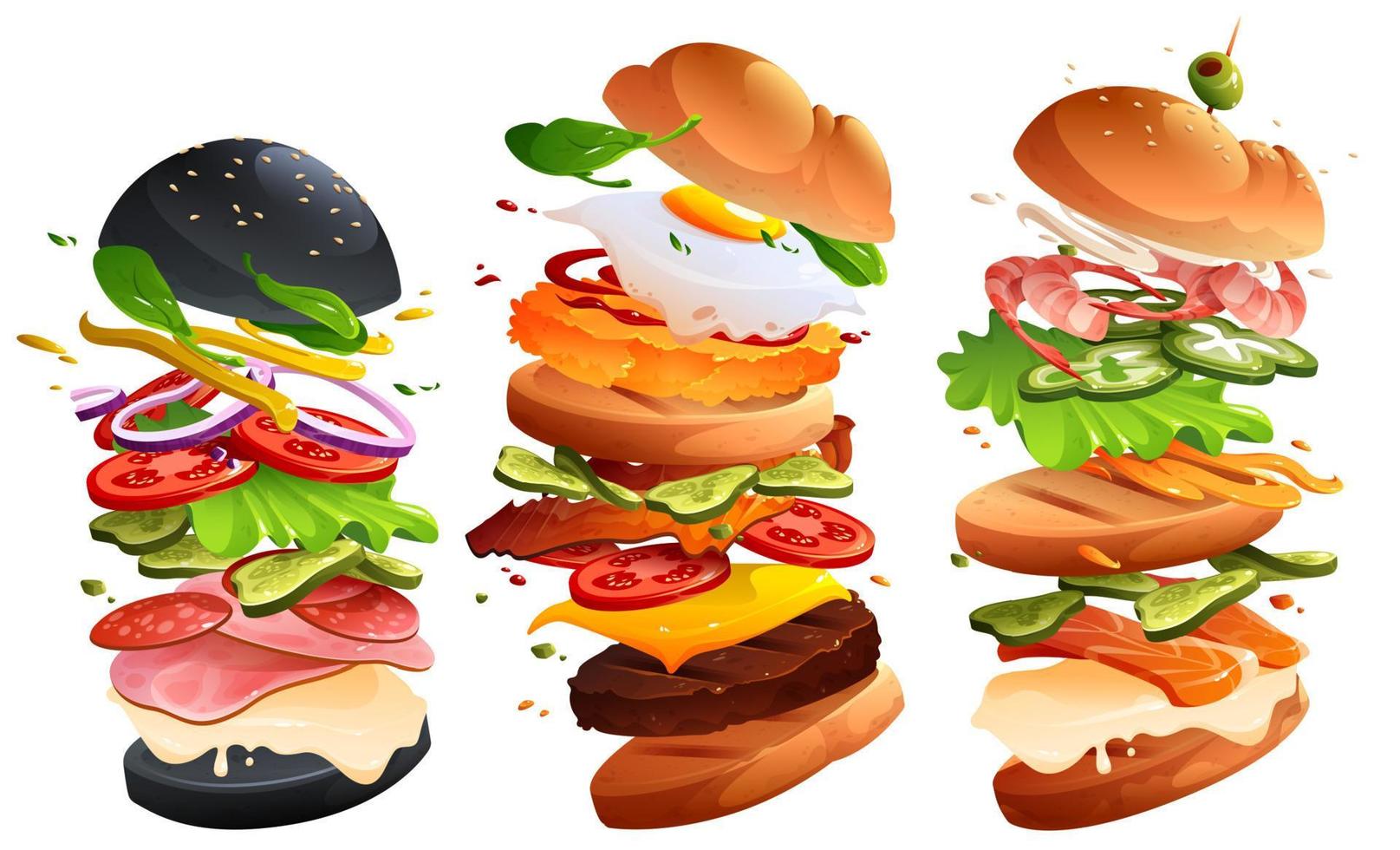 Burgers or hamburgers fly motion separated layers vector