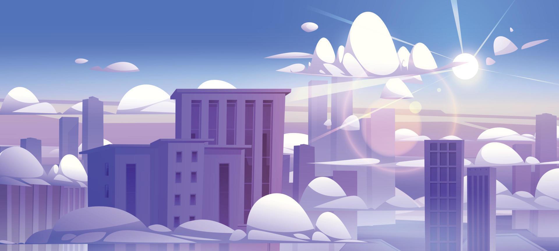 Skyscrapers above clouds, highrise city buildings vector