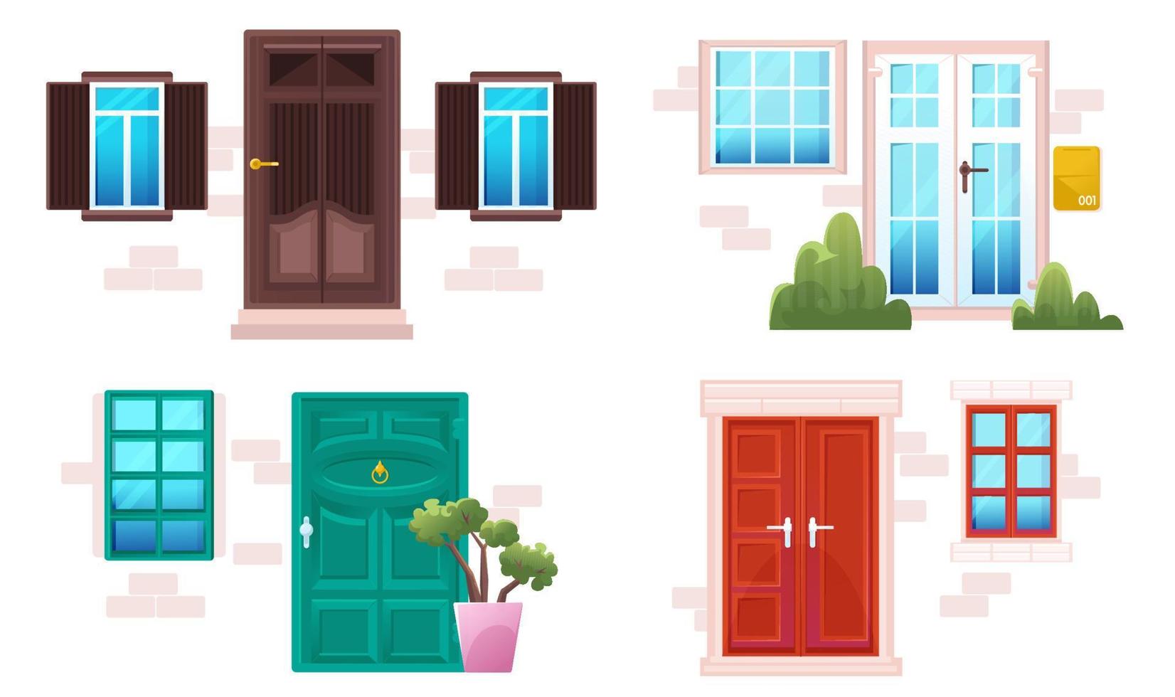 Cartoon doors and windows, house facades design vector