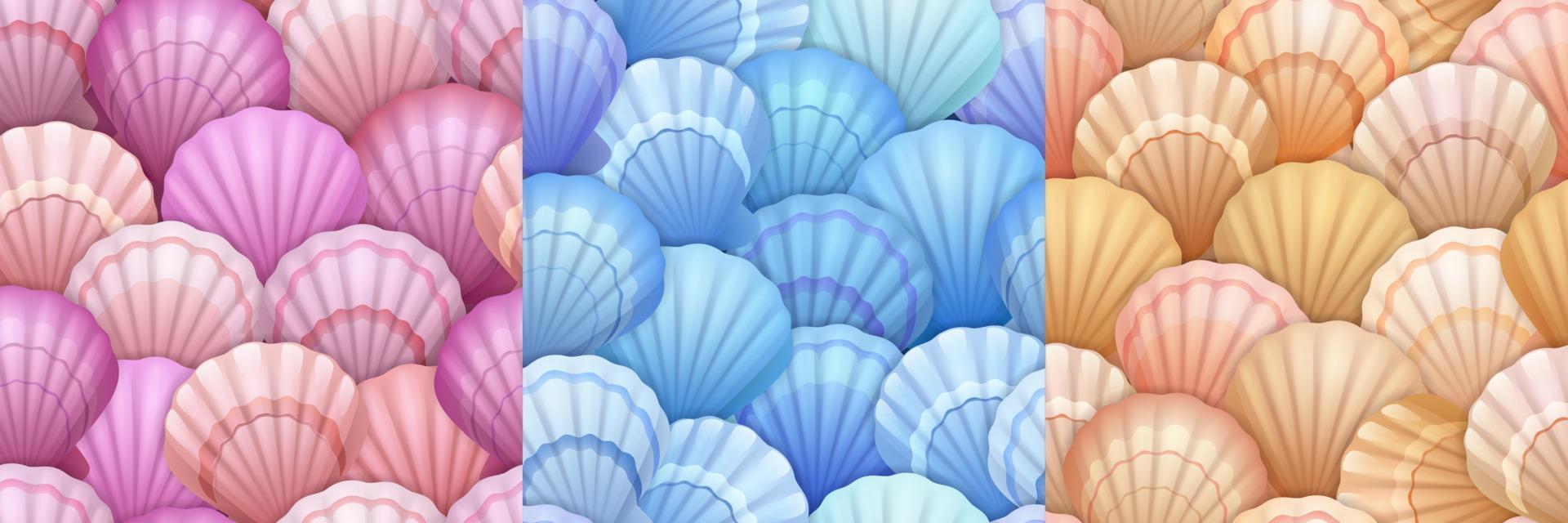 Seashell, clam shells seamless patterns vector