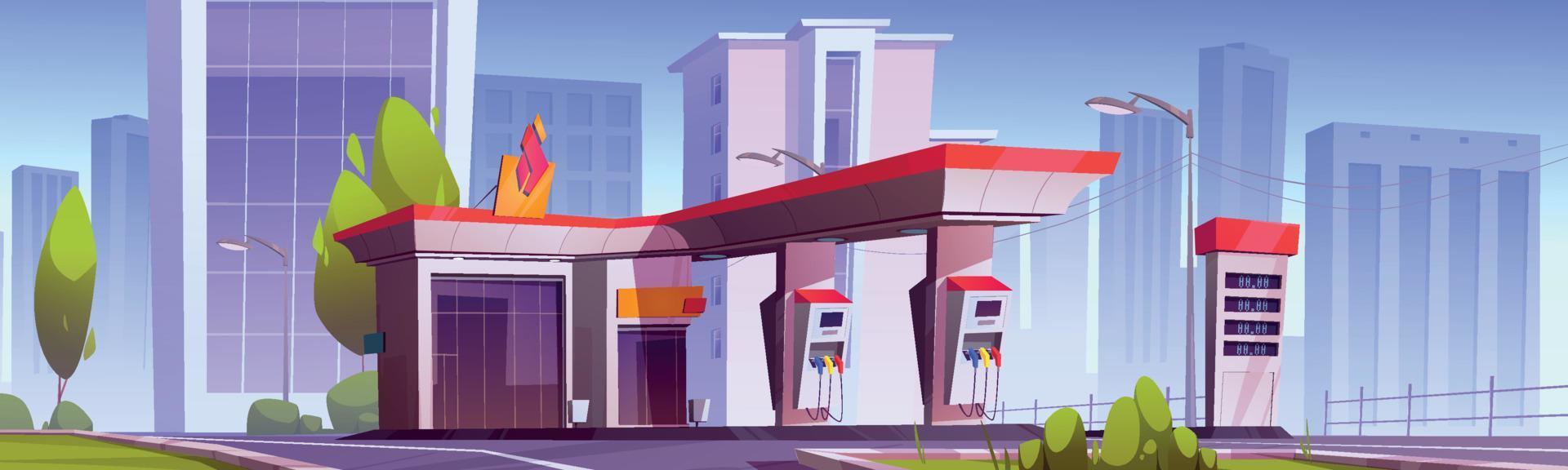 Gas station with oil pump and market in city vector