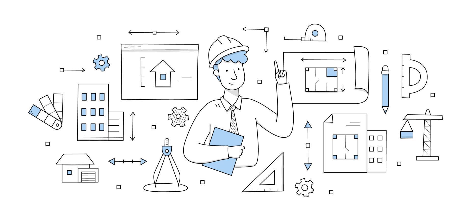 Architect worker holding blueprint, engineering vector