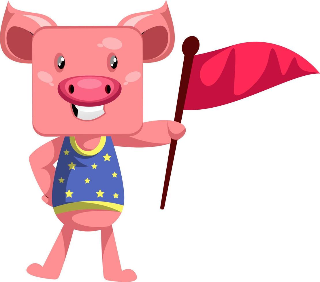 Pig holding red flag, illustration, vector on white background.