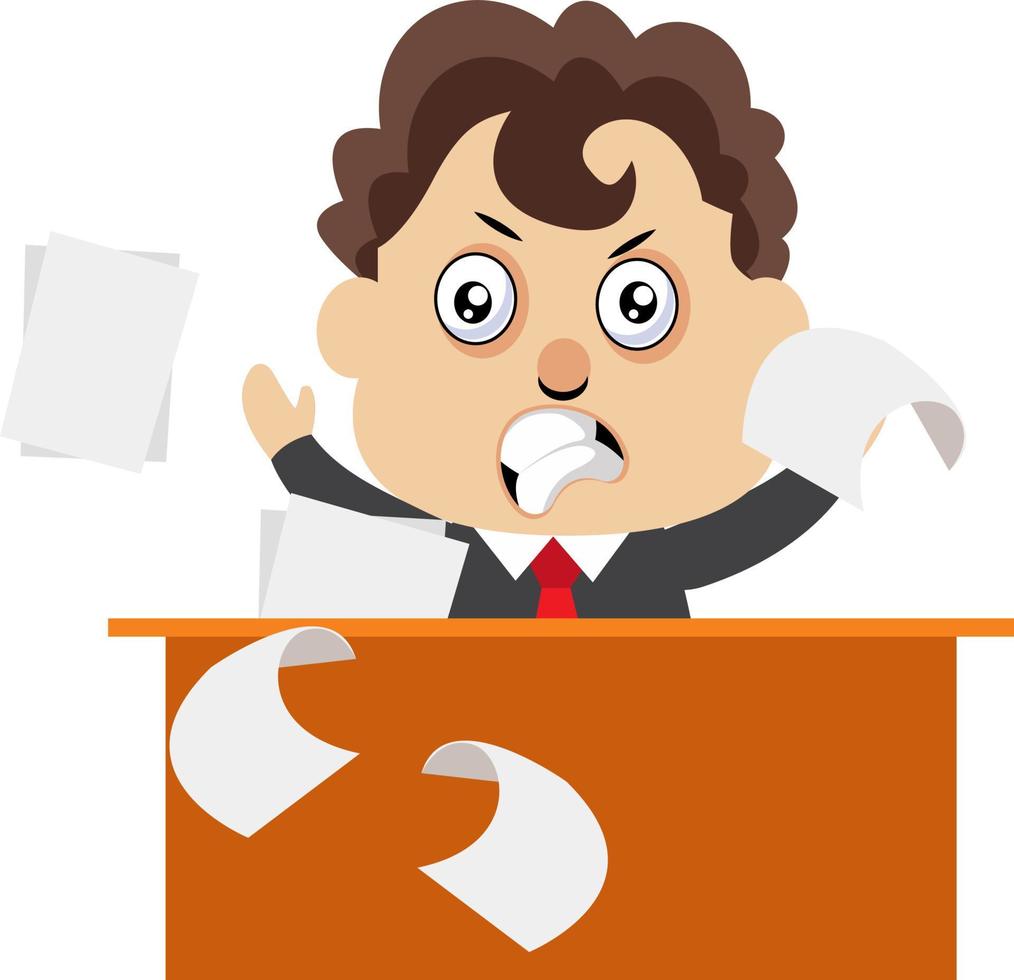 Angry man at the desk, illustration, vector on white background.