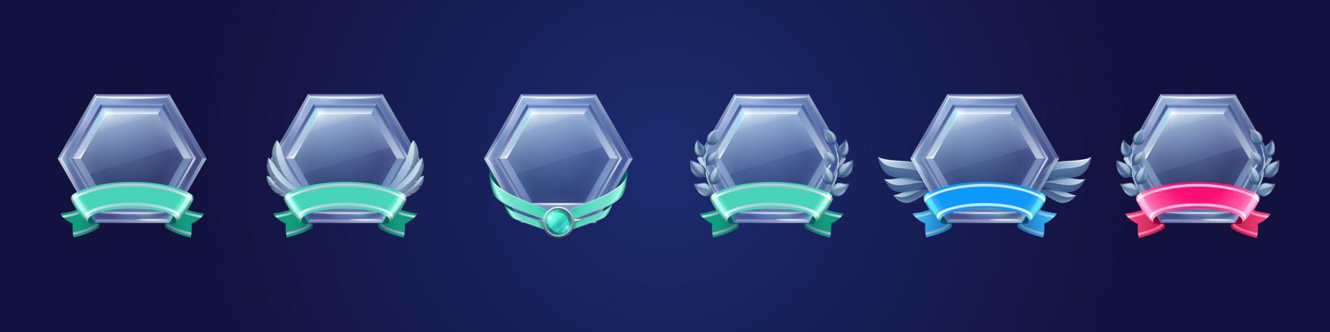 Silver award badges, hexagon labels for game vector