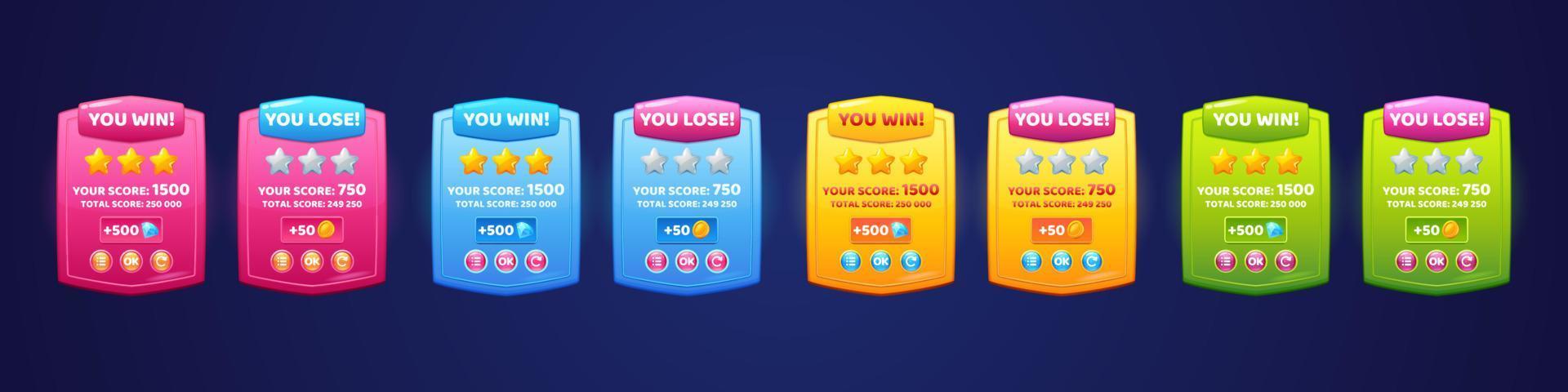 Game ui interface boards with win and lose vector