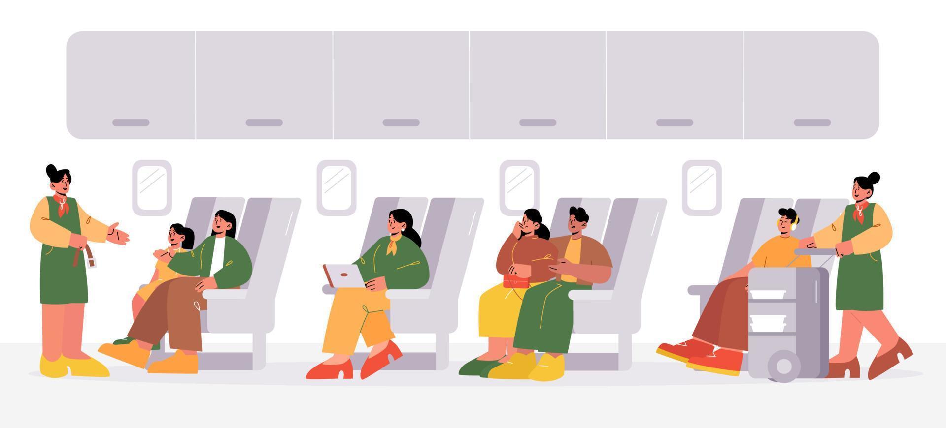 Airplane cabin with passengers and stewardesses vector