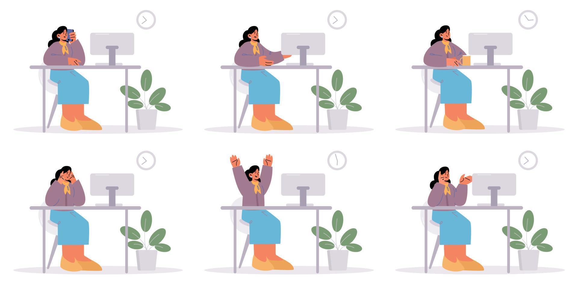 Office worker different emotions and activities vector