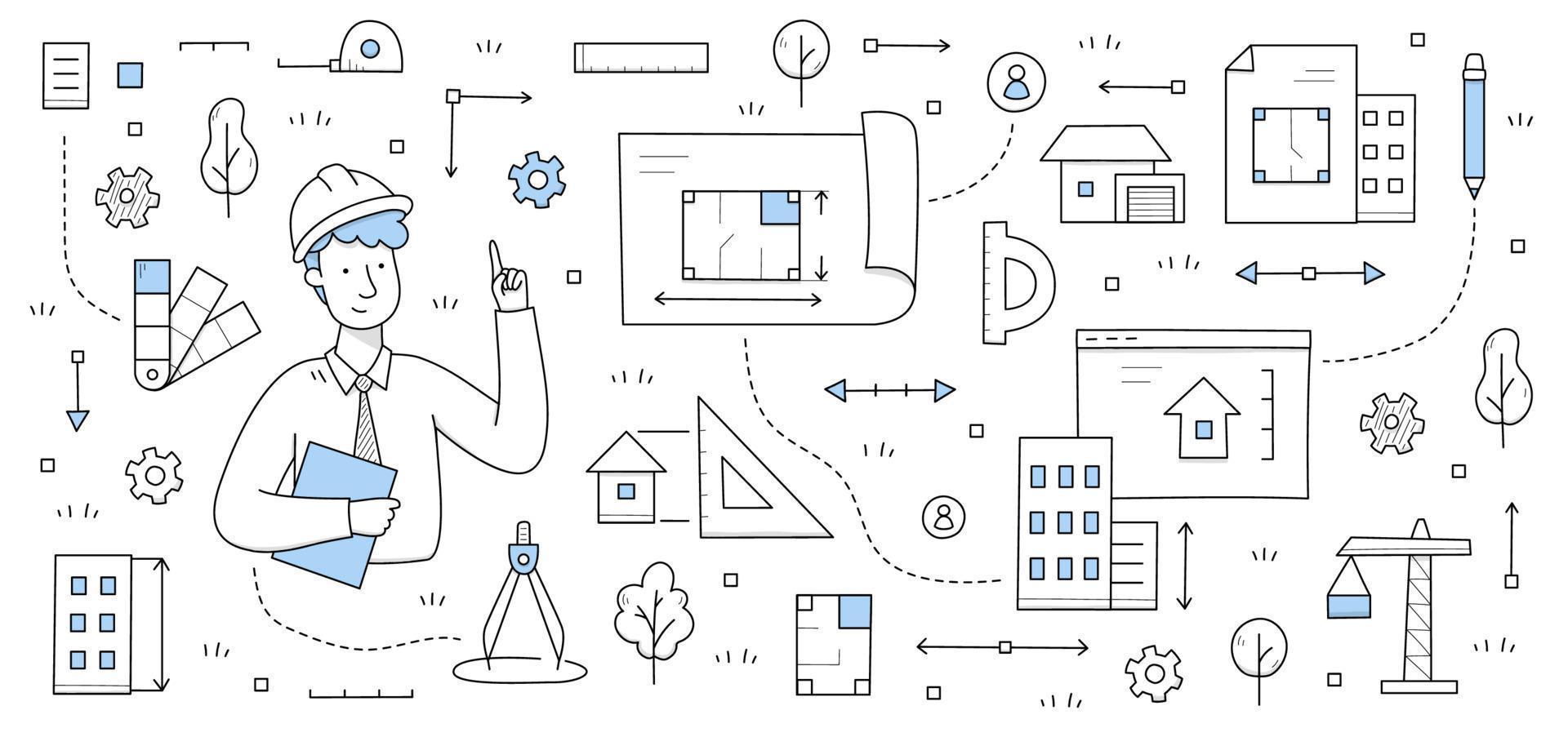 concepto de garabato, arquitecto trabajador con plano vector