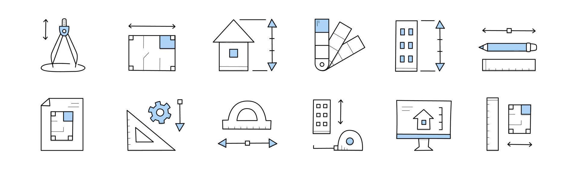 Set architect doodle icons, building project signs vector