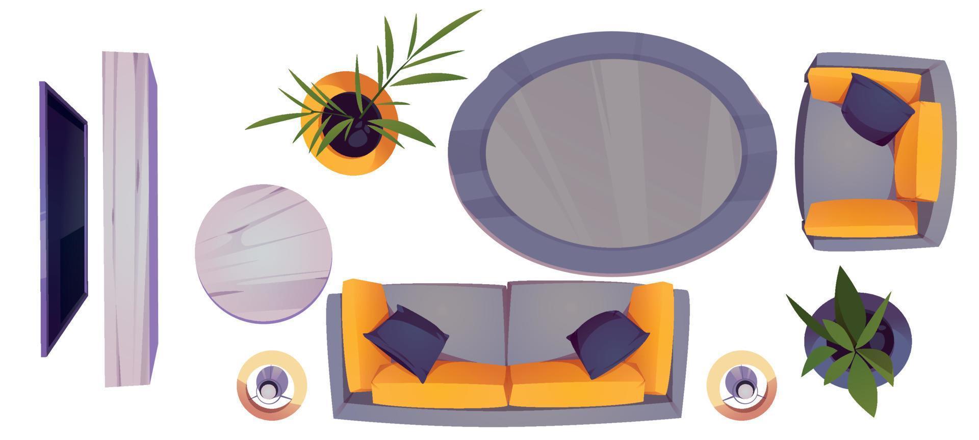 Set of living room furniture and stuff top view vector