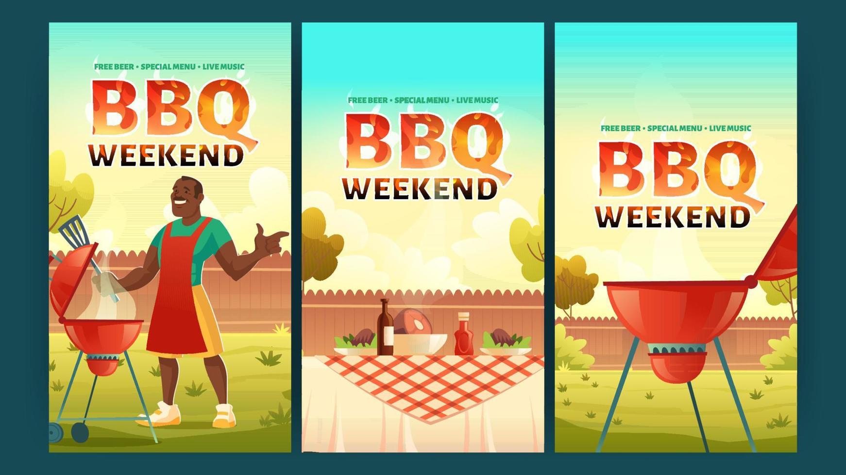 BBQ weekend banners with man and grill on backyard vector