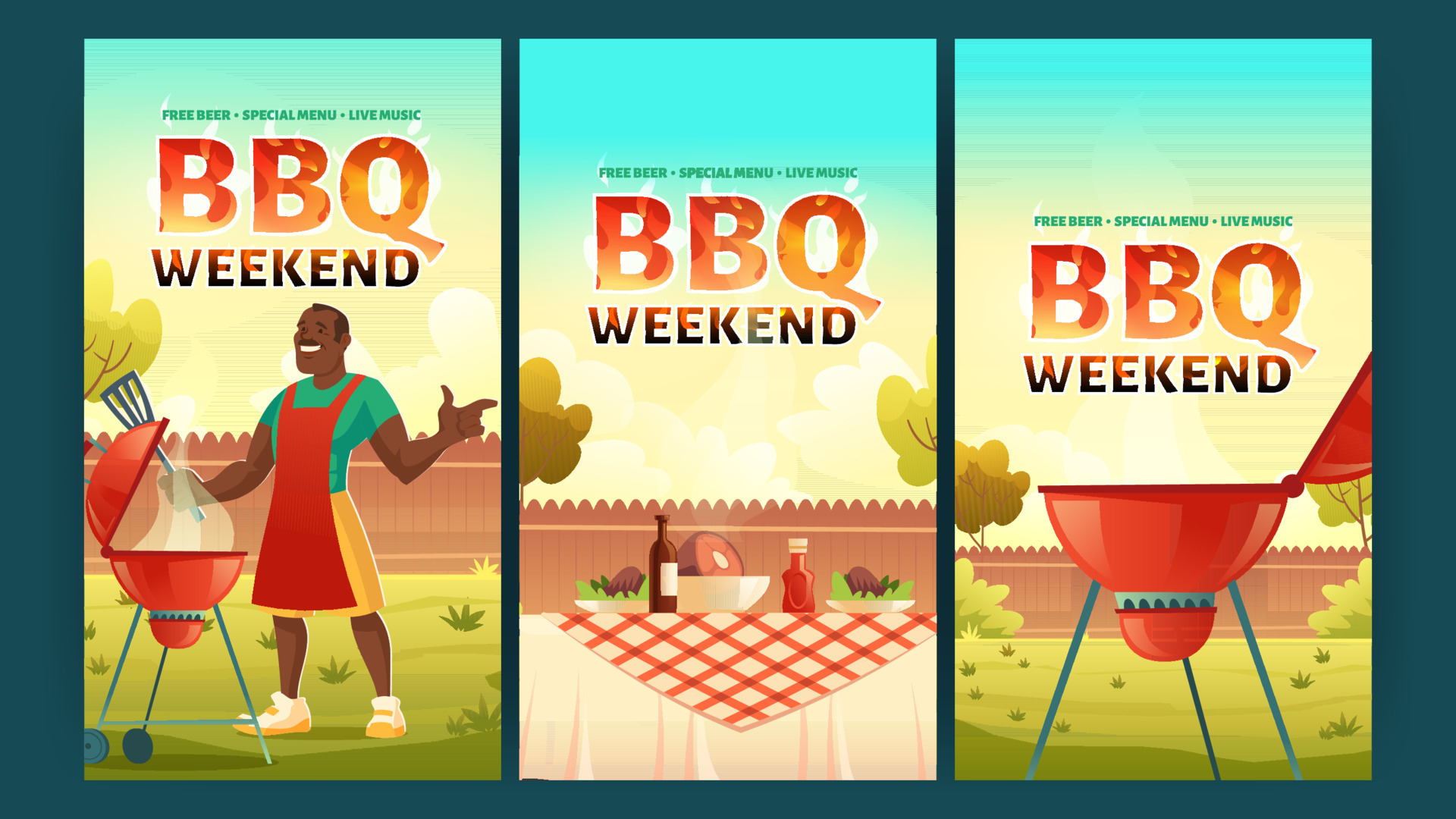 BBQ weekend banners with man and grill on backyard 13717520 Vector Art