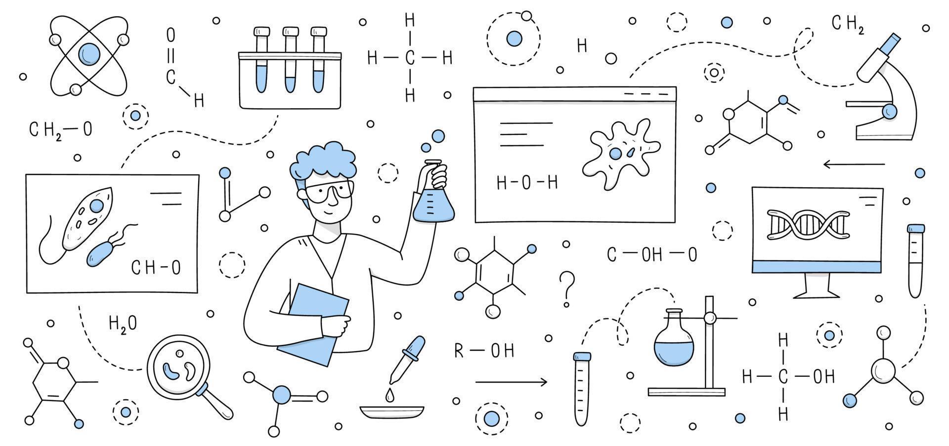 Man scientist, science research equipment vector