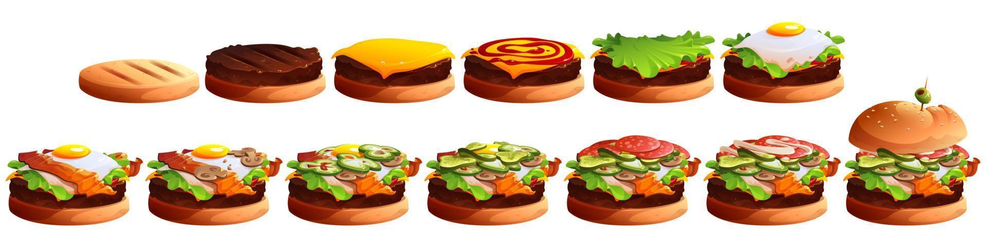 Burger cooking stages. Hamburger layers vector