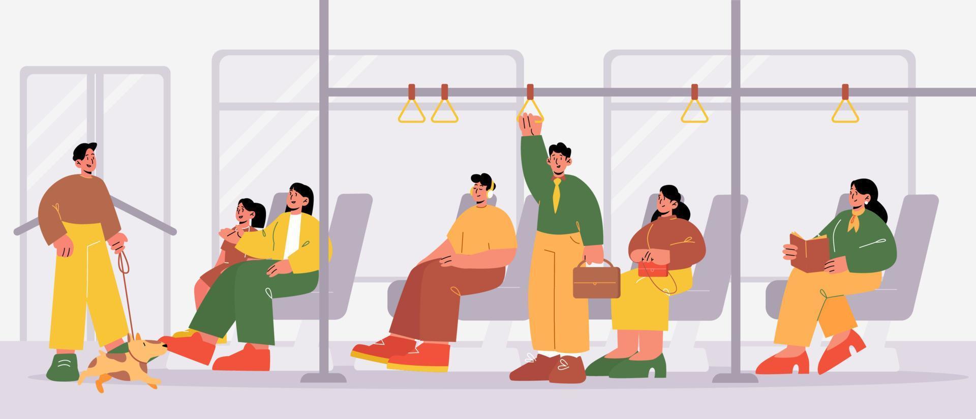 Public transport. Bus interior with passengers vector