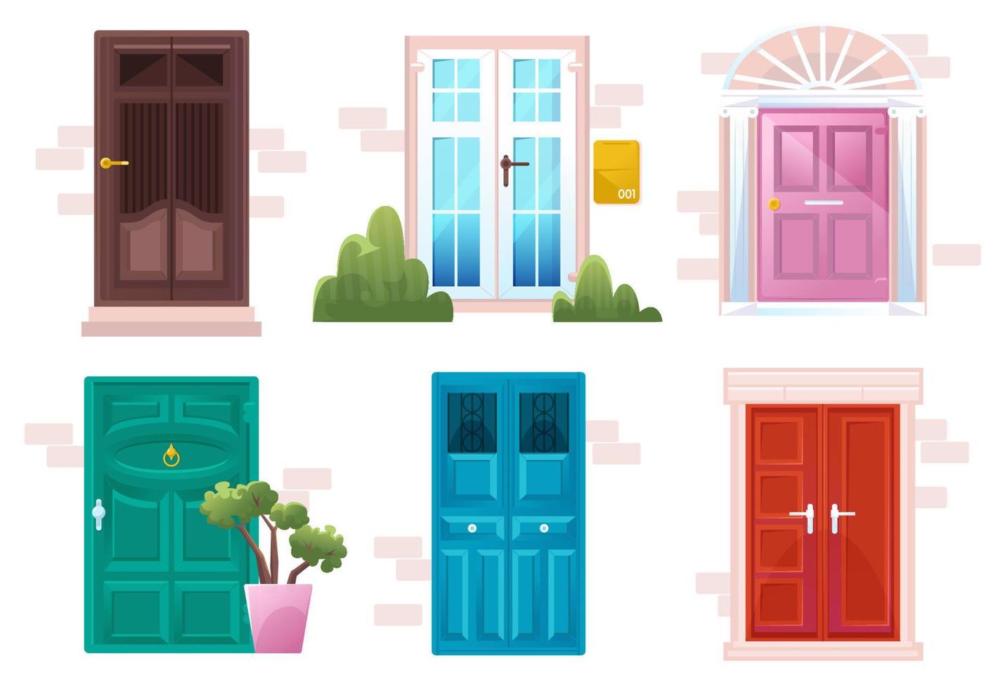 House entrances with different doors in brick wall vector