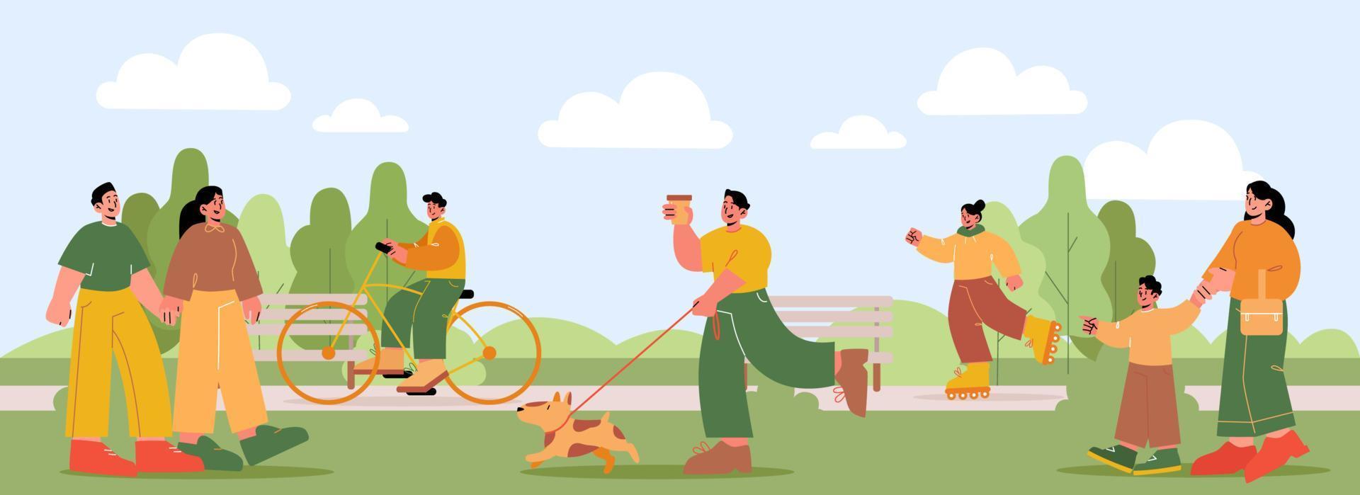 People walk in summer park, characters outdoor vector