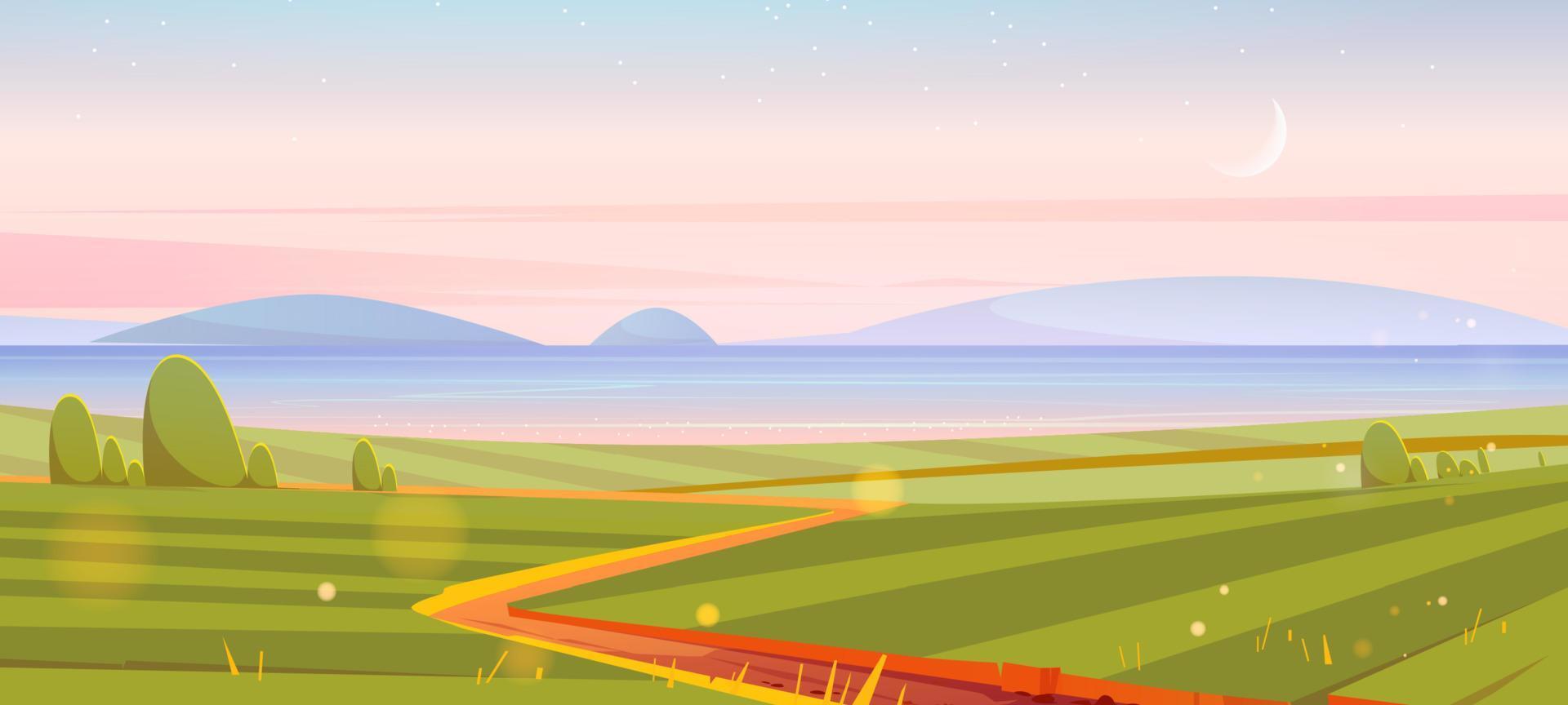 River, green fields, hills and moon in sky vector