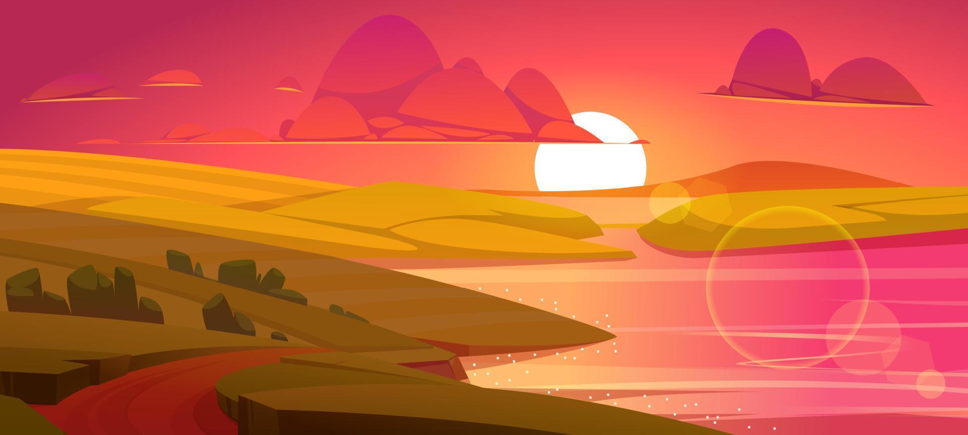 Summer landscape with river and fields at sunset vector