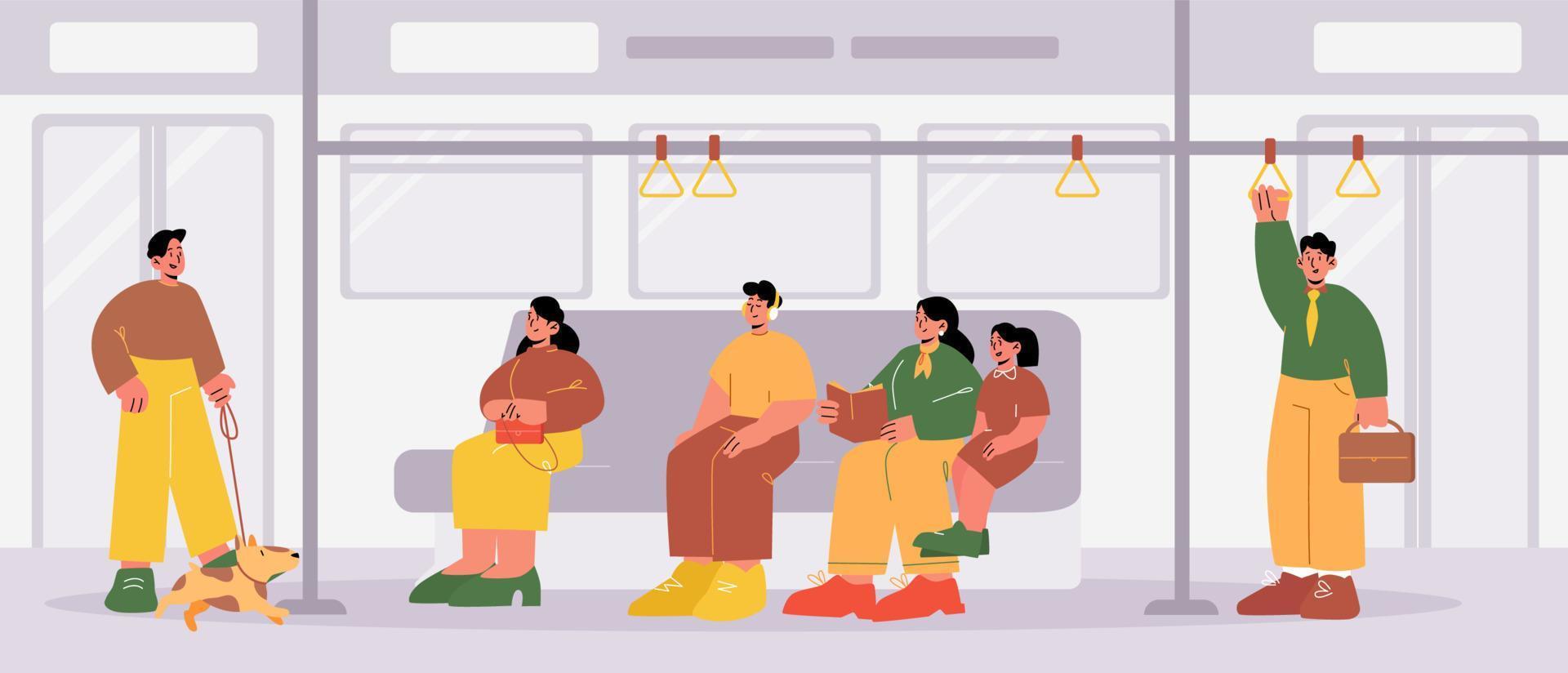 People at subway train car interior, passengers vector