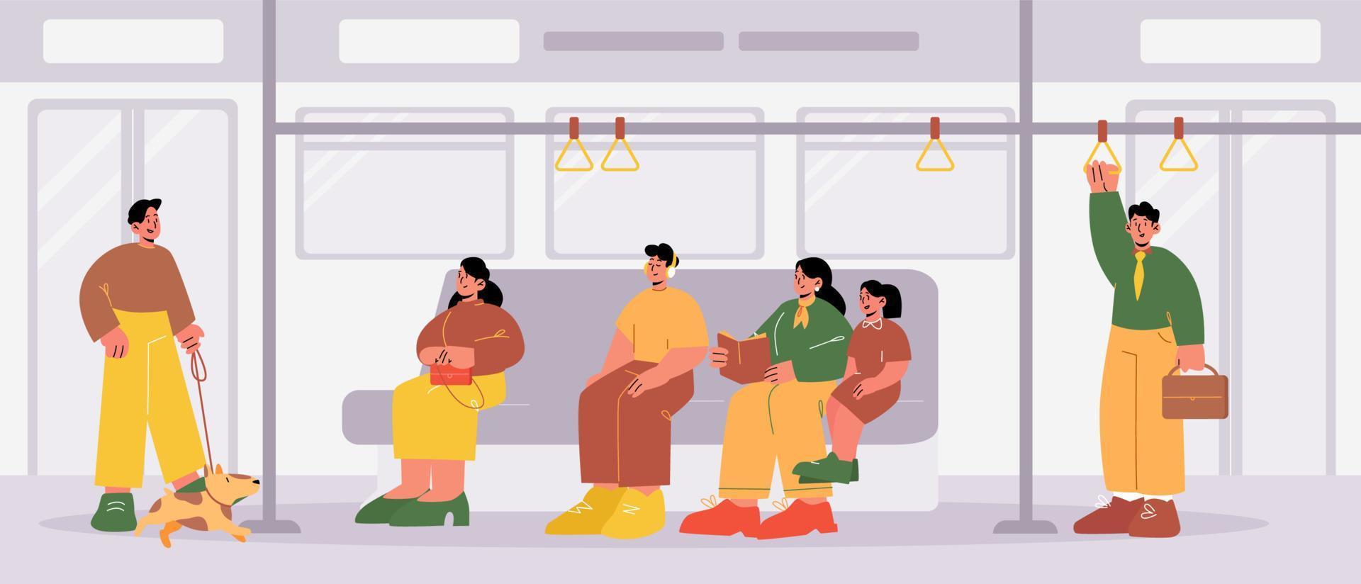 personas en el interior del vagón del metro, pasajeros vector