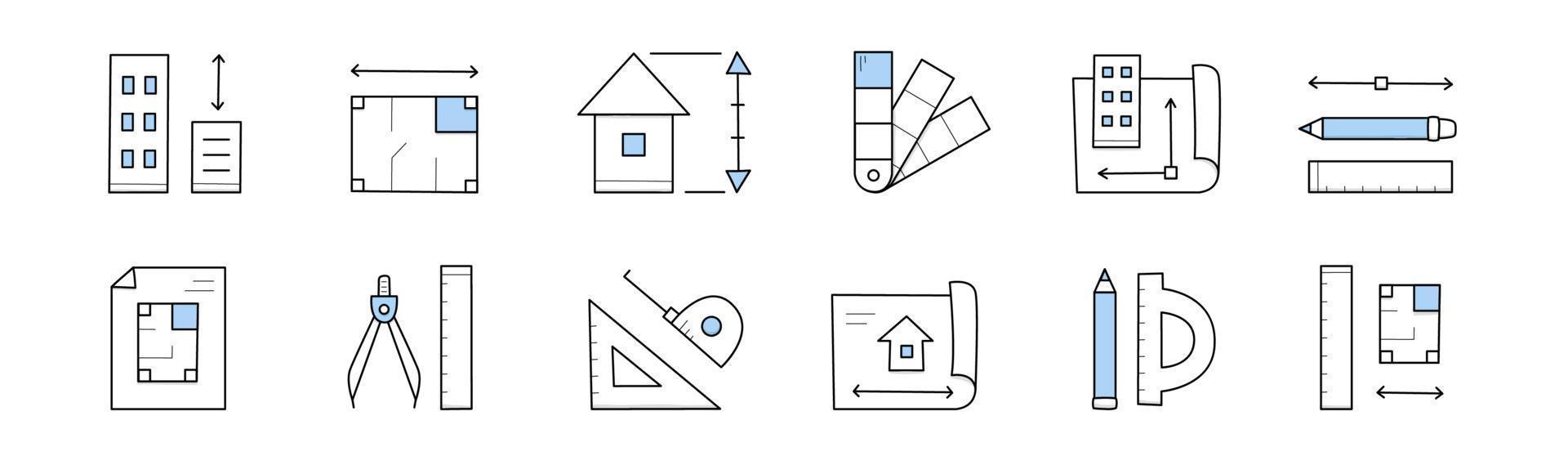 Architecture icons, house project, measure tools vector