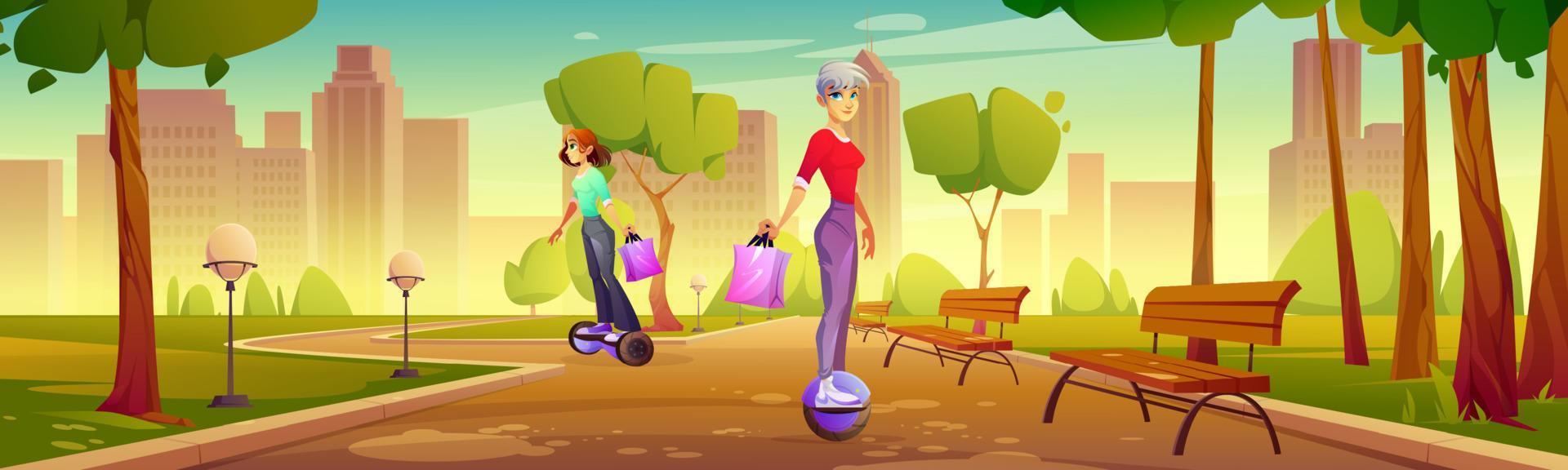 Girls ride on electric hoverboard and mono wheel vector