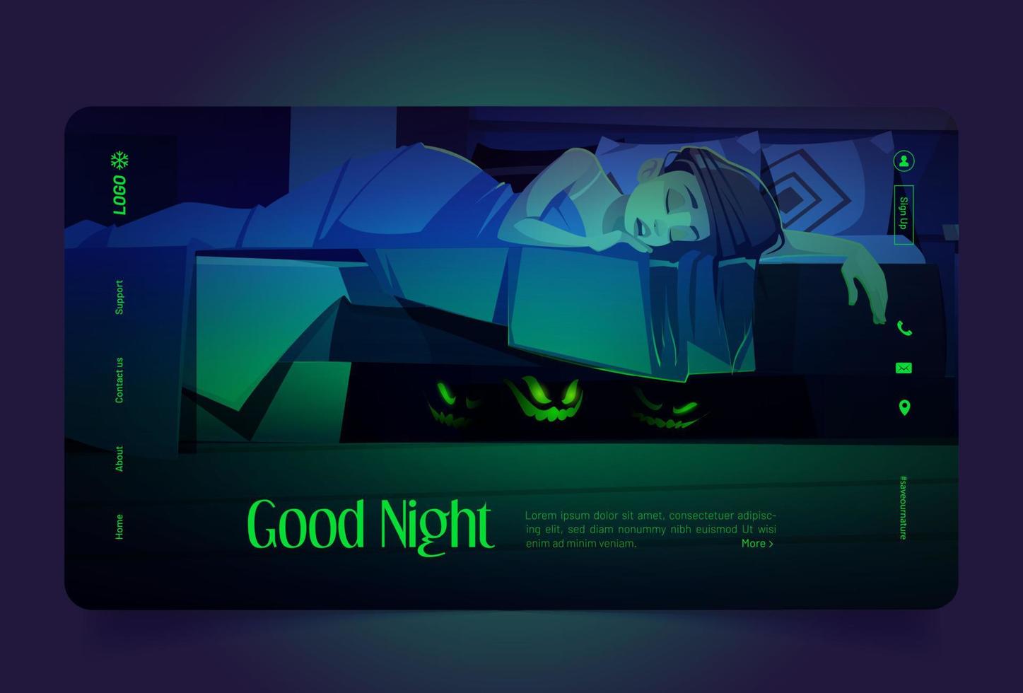 Good night cartoon landing page monsters under bed vector