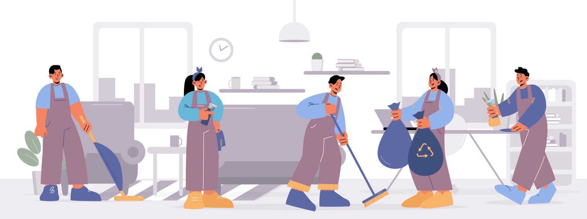Cleaning service staff work in living room vector