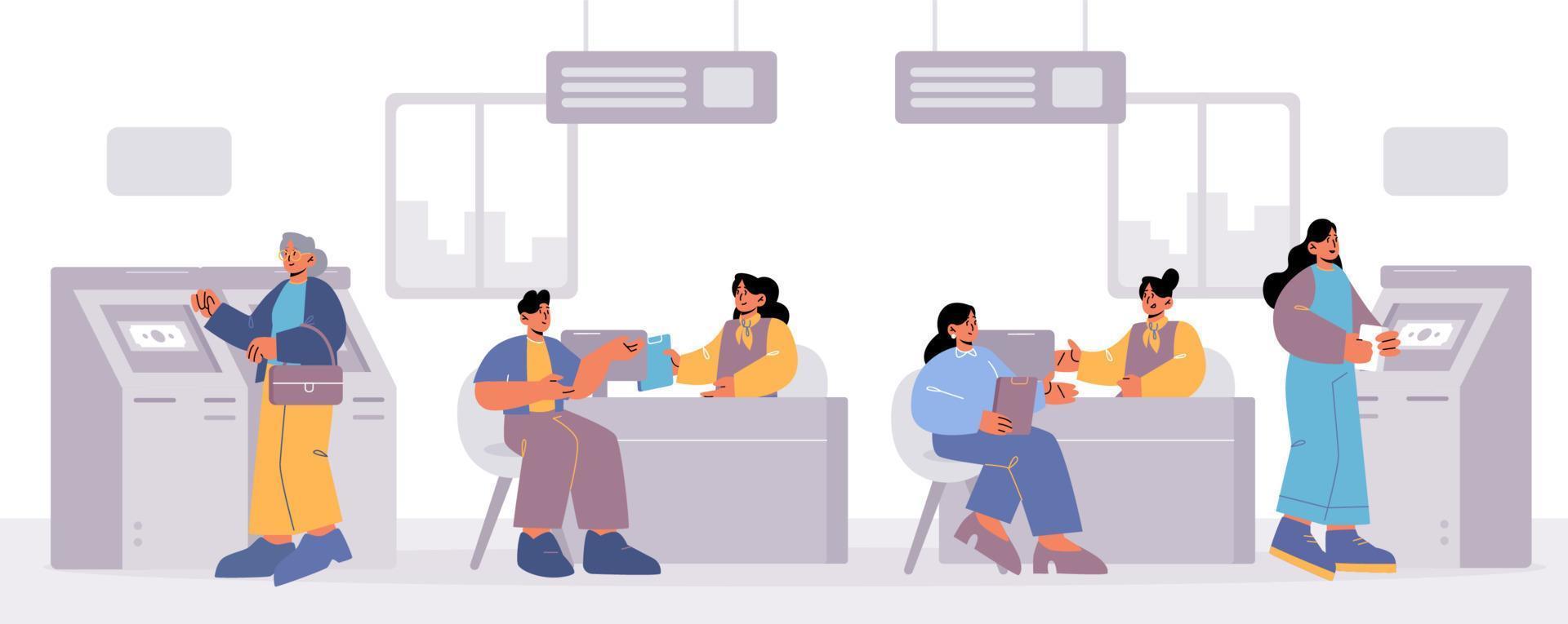 People visiting bank office, clients at reception vector