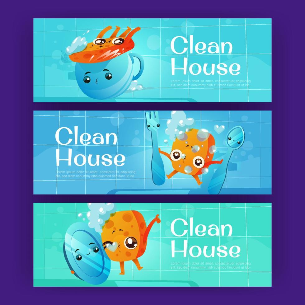 Clean house posters with cute kitchen sponge vector