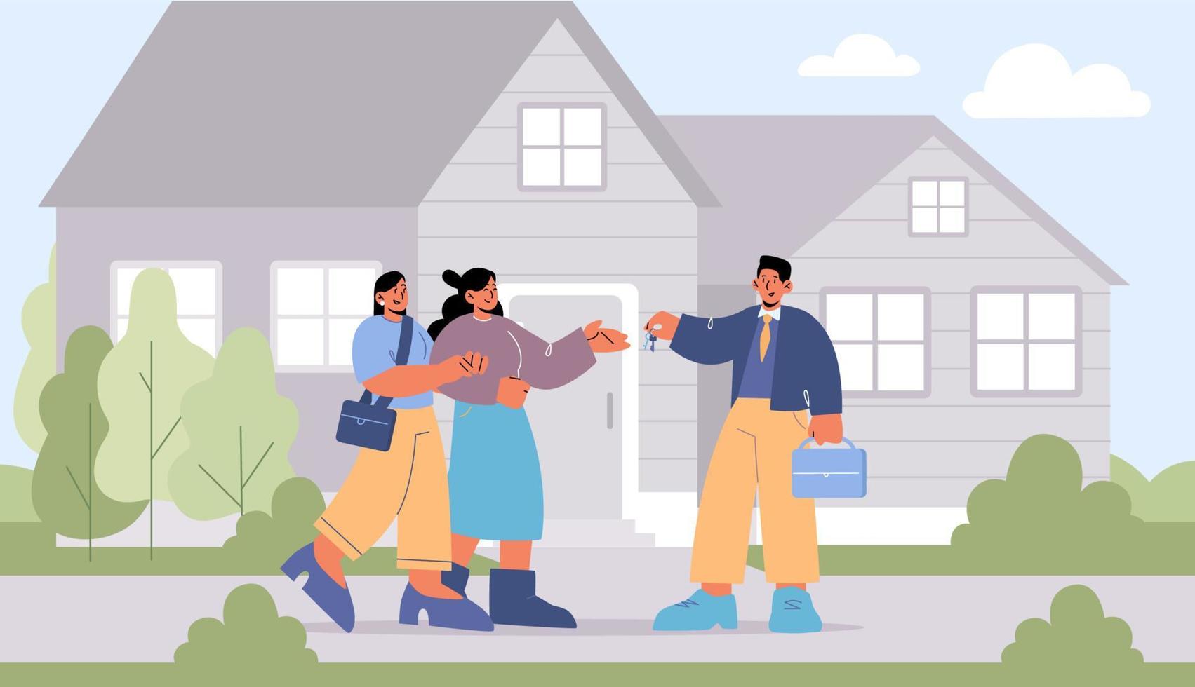 Lesbian couple buy new house, agent giving keys vector