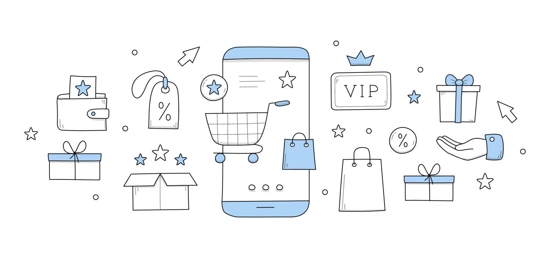 Loyalty program rewards doodle concept, shopping vector