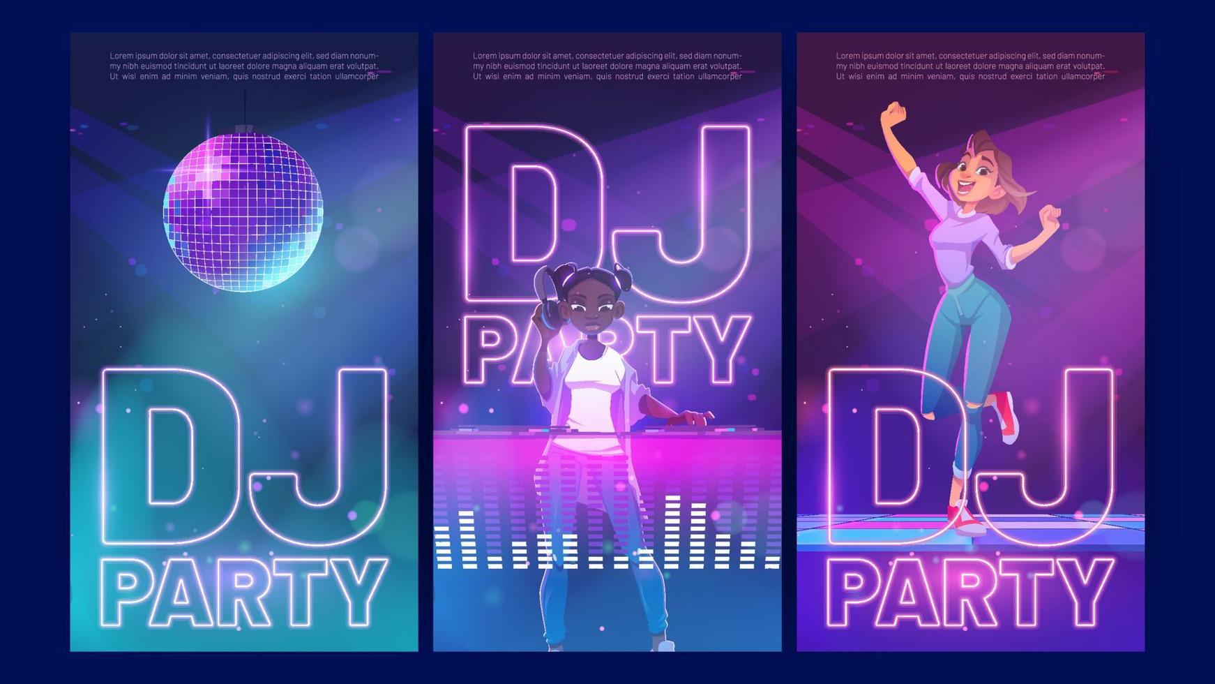 Dj party cartoon invitation posters, dancing fest vector