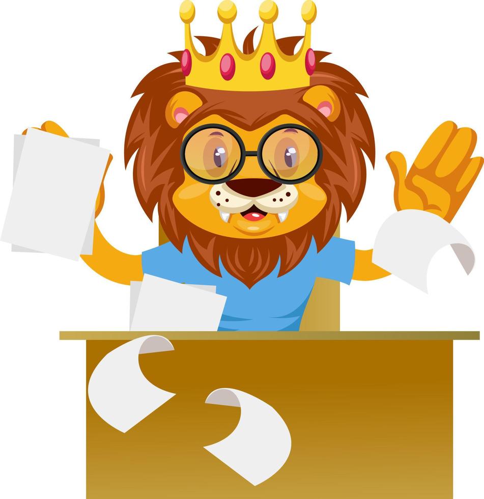 Lion working, illustration, vector on white background.