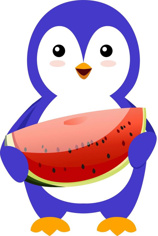Penguin with watermelon, illustration, vector on white background.