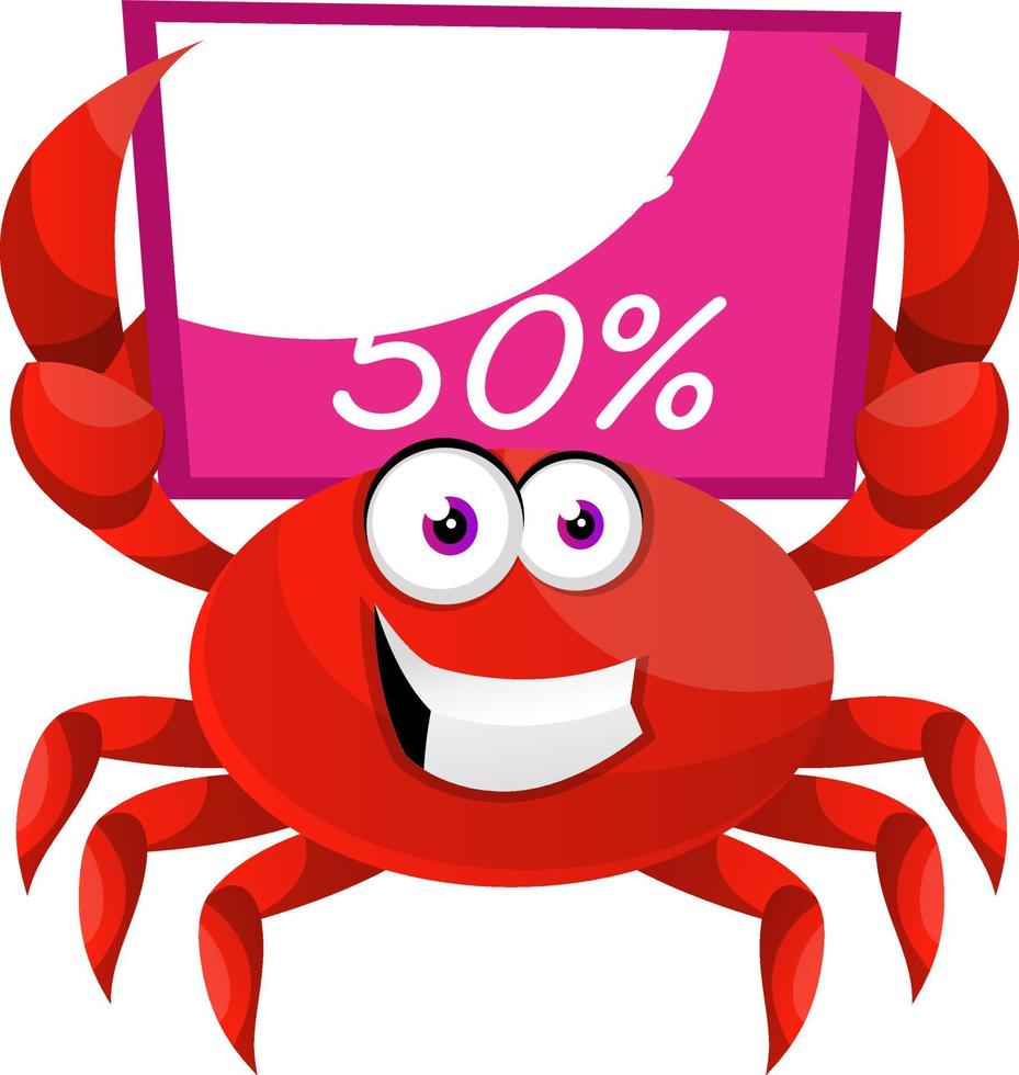 Crab with sale board, illustration, vector on white background.