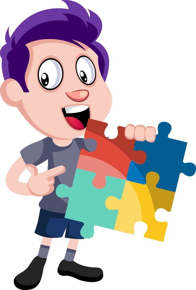 Boy holding puzzle, illustration, vector on white background.