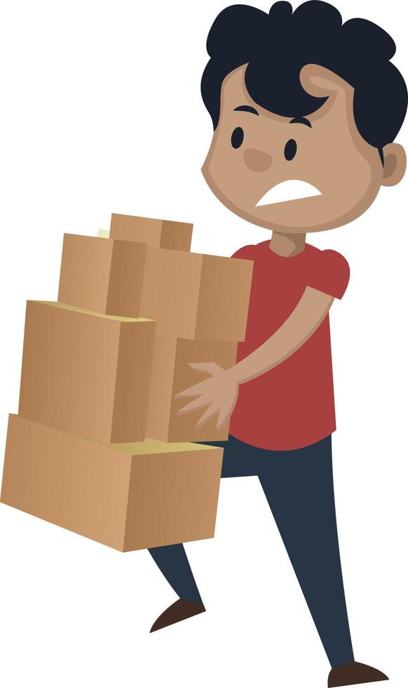 Boy is holding boxes, illustration, vector on white background.