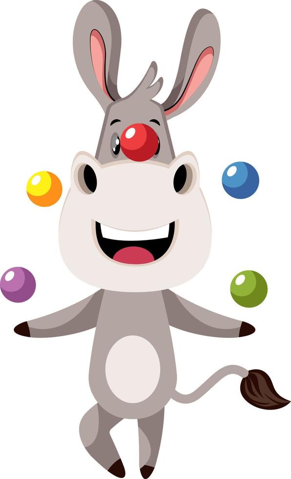 Donkey juggling, illustration, vector on white background.