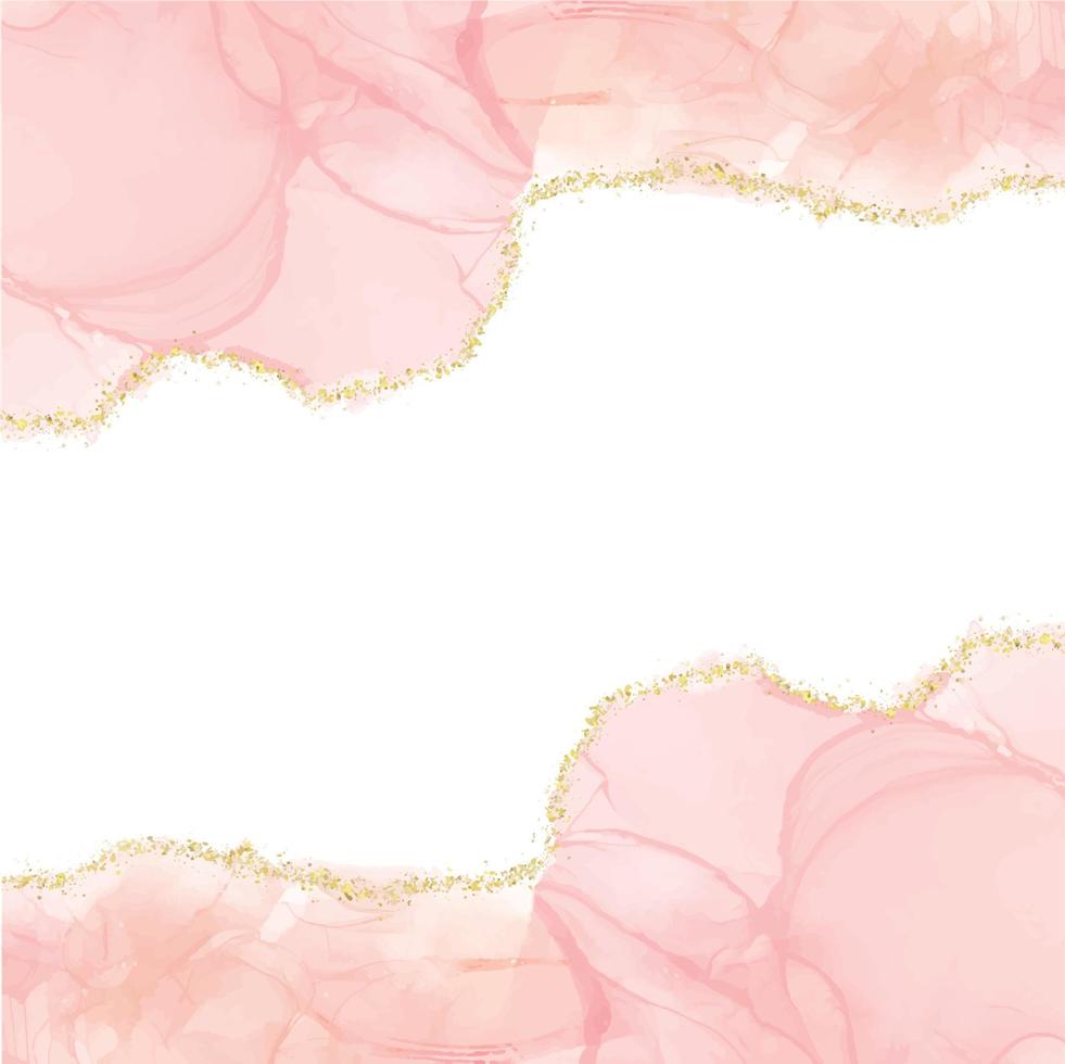 Abstract Pastel Pink Watercolor Alcohol Ink Frame With Gold Glitter. Pastel Marble Drawing Effect. Llustration Design Template For Wedding Invitation vector